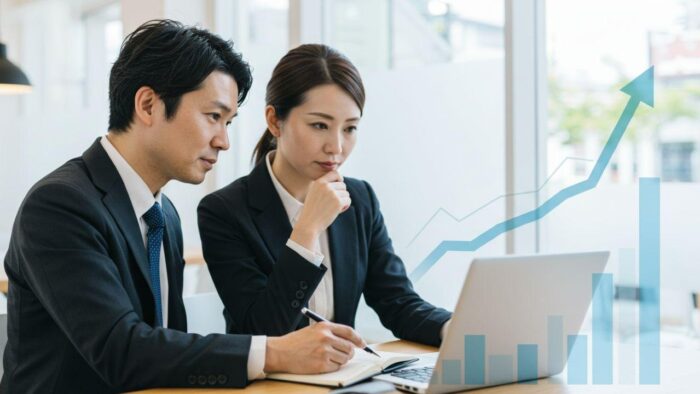 「夫婦経営」「売上アップ」「論理的な思考」 を視覚的に表現。ビジネスの成長や成功を連想させる要素 を含める。清潔感があり、専門性を感じさせるデザイン