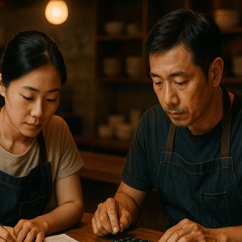 飲食店のカウンターで電卓と帳簿を見る夫婦経営者の後ろ姿