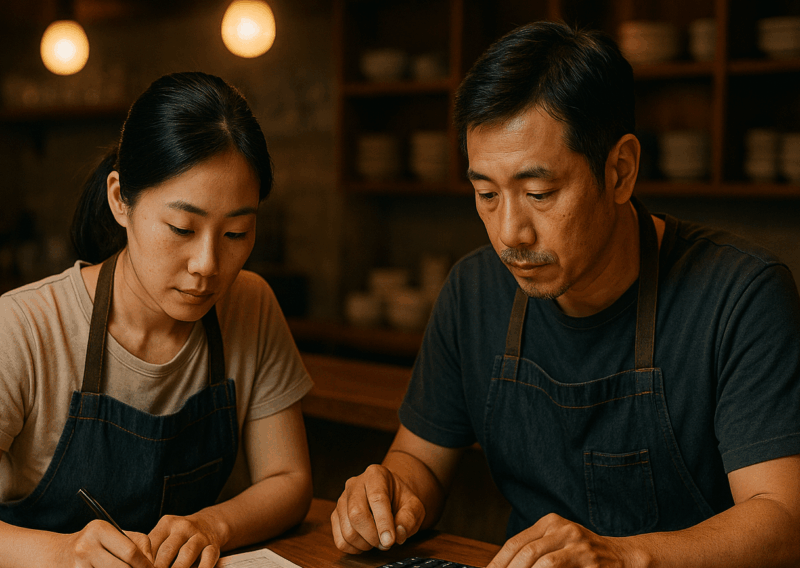 飲食店のカウンターで電卓と帳簿を見る夫婦経営者の後ろ姿