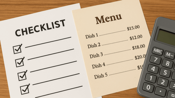 チェックリストのイメージ画像。メニュー表と電卓のイメージ