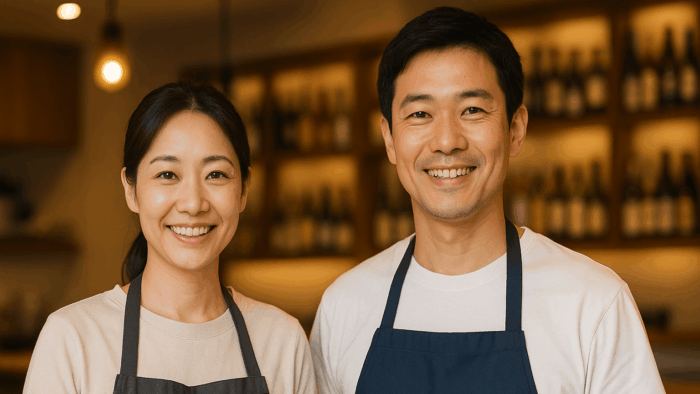 安心した表情の飲食店経営者夫婦の写真