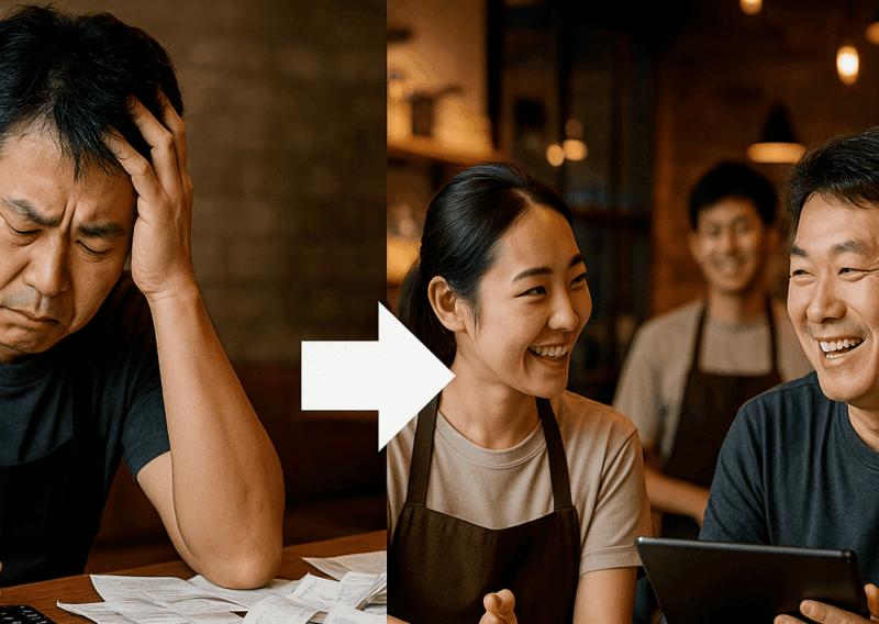 電卓や大量の伝票に頭を抱える飲食店オーナー（左半分）と、タブレットやPCを見ながらスタッフと笑顔で話すオーナー（右半分）を対比させた画像。「面倒な作業」から「活用する経営」への変化を視覚的に訴えます。
