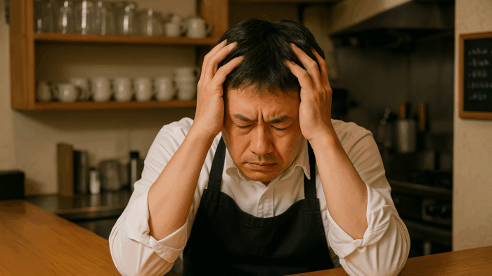 エプロンを付けた店主が、カウンターで頭を抱えている様子