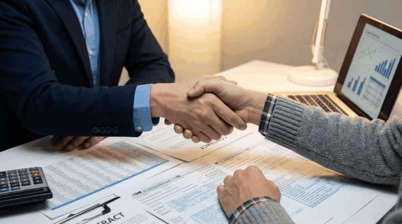 税理士と飲食店経営者の連携協力を表す握手イメージ