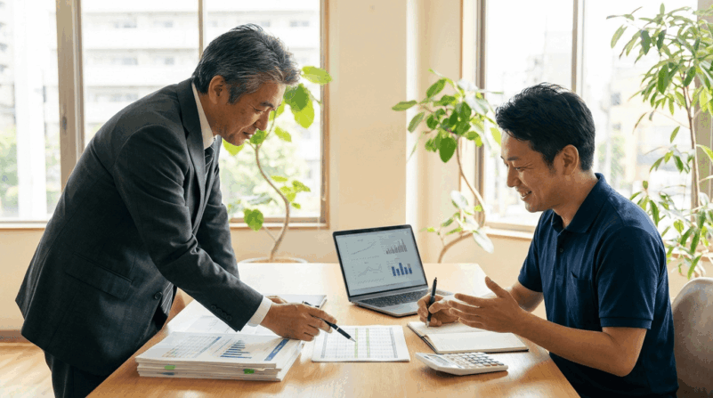 税理士と飲食店経営者が面談で経営数値について質問・相談している様子