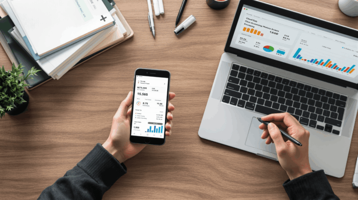 スマートフォンとタブレットで会計ソフトとレシート撮影アプリを使用している様子