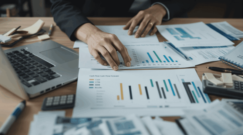 キャッシュフロー計算書と財務資料を扱う日本人ビジネスパーソンの手元
