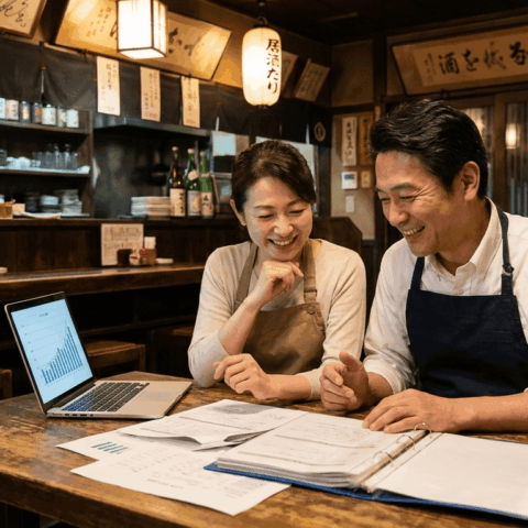 夫婦経営の飲食店オーナーが経営数値を前向きに確認している様子