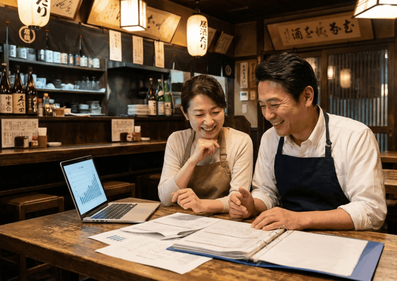 夫婦経営の飲食店オーナーが経営数値を前向きに確認している様子