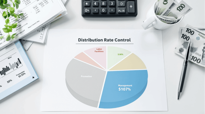 経費配分を示す円グラフと財務書類、電卓、紙幣が整理されたデスク