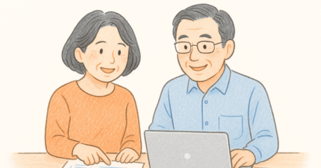 税理士面談で使える実践ワークシートを確認する飲食店経営者夫婦のイラスト