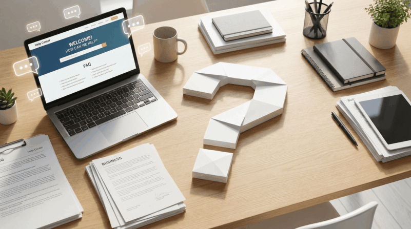 よくある質問Q&Aを表すクエスチョンマークと資料