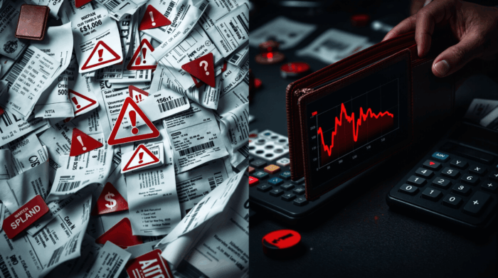 散らばったレシートと減少する資金を示す財務リスクのイメージ