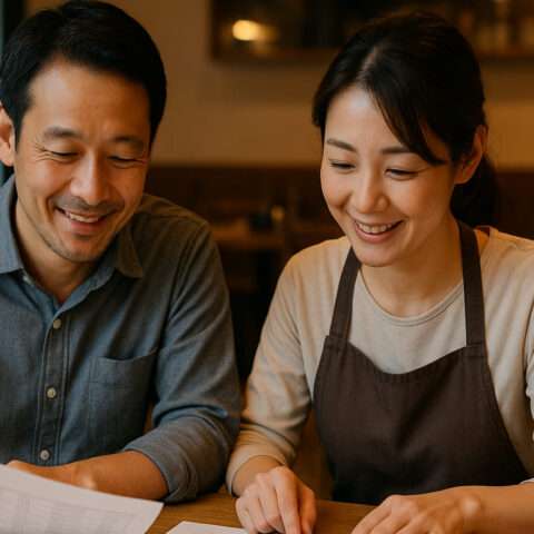 財務資料を一緒に確認する夫婦経営の飲食店オーナー