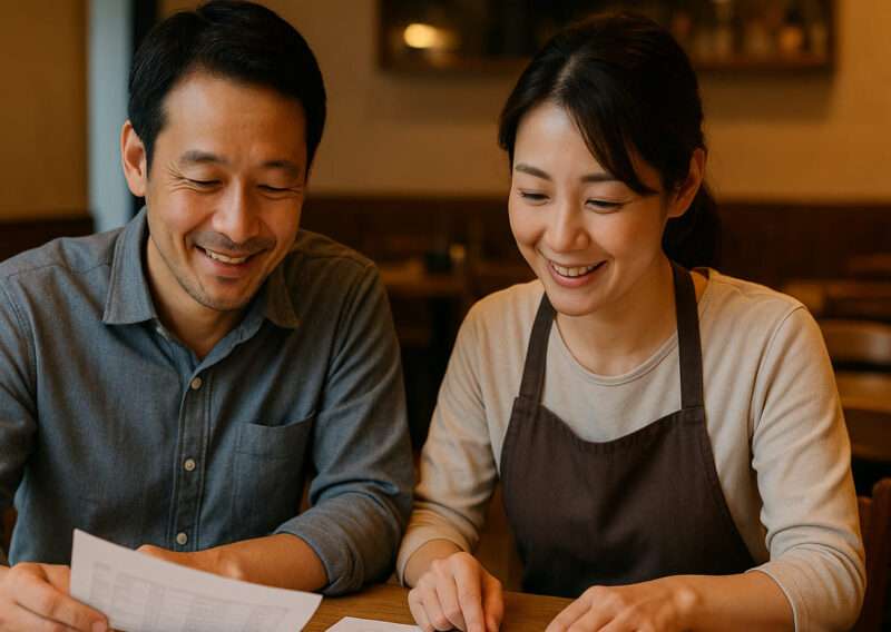 財務資料を一緒に確認する夫婦経営の飲食店オーナー
