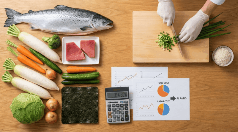 FL比率(原価+人件費)の概念を表す飲食店経営イメージ