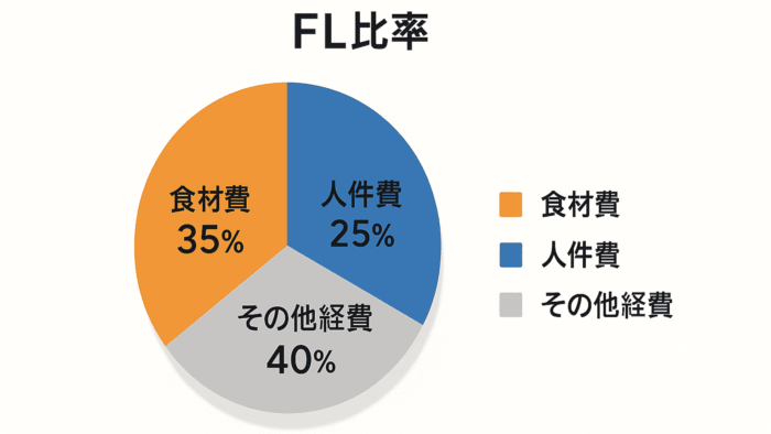 飲食店のFL比率を示す円グラフ（食材費35%、人件費25%、その他経費40%）
