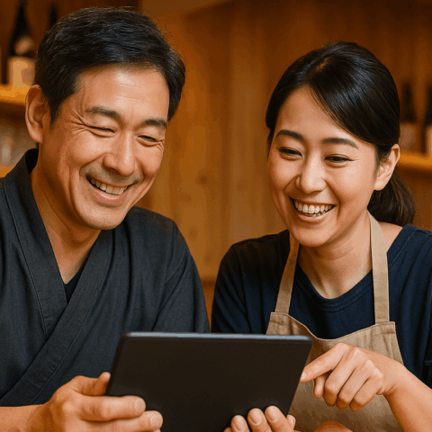 飲食店経営を話し合う笑顔の夫婦