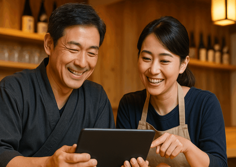 飲食店経営を話し合う笑顔の夫婦