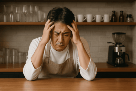 エプロンを付けた日本人の店主が、カウンターで頭を抱えて悩んでいる様子。