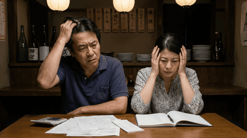 深夜2時に通帳を見て困惑する飲食店経営夫婦