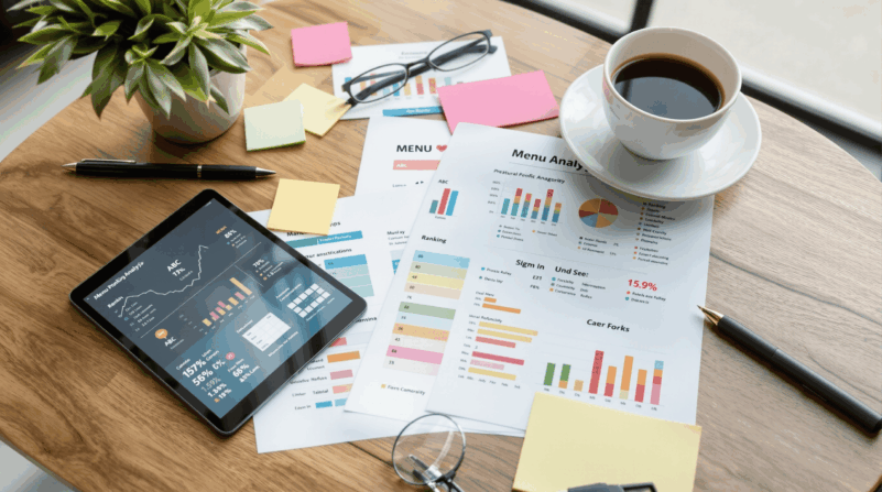 メニュー別ABC分析資料とグラフが並ぶ木製テーブルの俯瞰写真