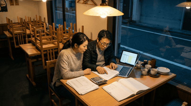 メニュー別ABC分析資料とグラフが並ぶ木製テーブルの俯瞰写真