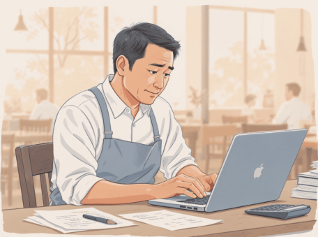 ノートパソコンで経営数値を確認する飲食店オーナーのイラスト