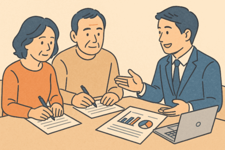 税理士と面談する飲食店経営者夫婦のイラスト