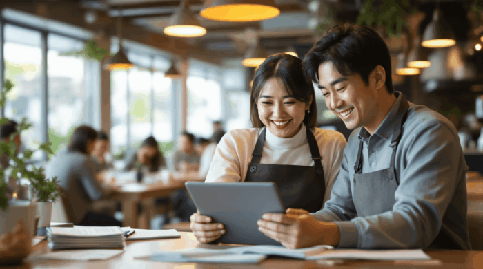 帳簿管理を習慣化して安心した表情で経営を行う飲食店夫婦