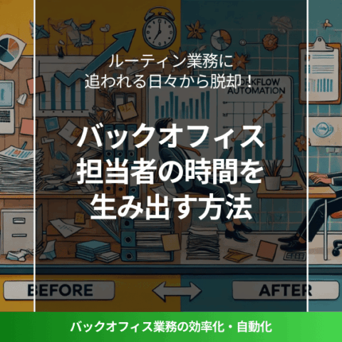 オフィス業務のビフォーアフターを比較した分割イメージ。左側は散乱した書類と付箋に囲まれたストレスを感じるオフィスワーカー。右側はデジタルツールを活用し、整頓されたデスクでリラックスして作業するビジネスパーソン。効率化の変化を示すシンプルな矢印が配置されている。
