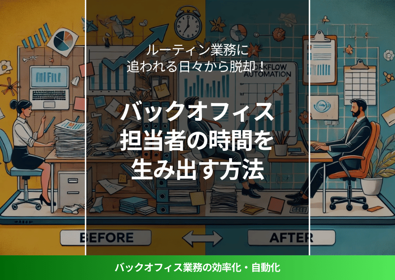オフィス業務のビフォーアフターを比較した分割イメージ。左側は散乱した書類と付箋に囲まれたストレスを感じるオフィスワーカー。右側はデジタルツールを活用し、整頓されたデスクでリラックスして作業するビジネスパーソン。効率化の変化を示すシンプルな矢印が配置されている。