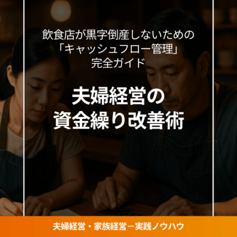 飲食店のカウンターで電卓と帳簿を見る夫婦経営者の後ろ姿