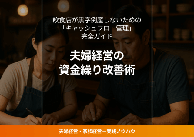 飲食店のカウンターで電卓と帳簿を見る夫婦経営者の後ろ姿