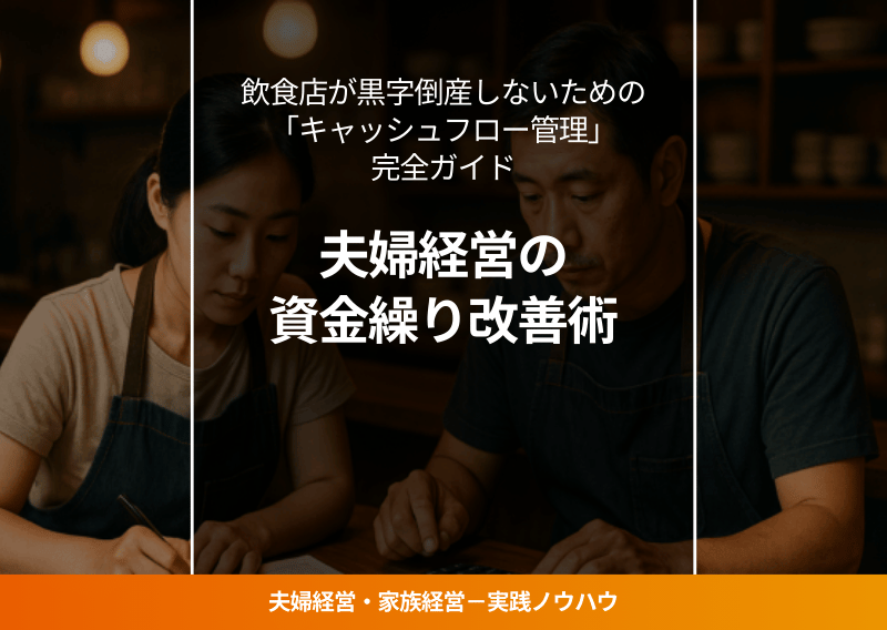 飲食店のカウンターで電卓と帳簿を見る夫婦経営者の後ろ姿