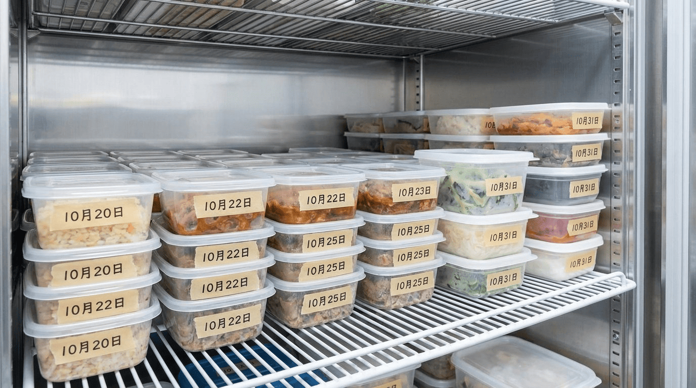 先入先出ルールに従って整理された業務用冷蔵庫で古い食材を手前に配置している様子