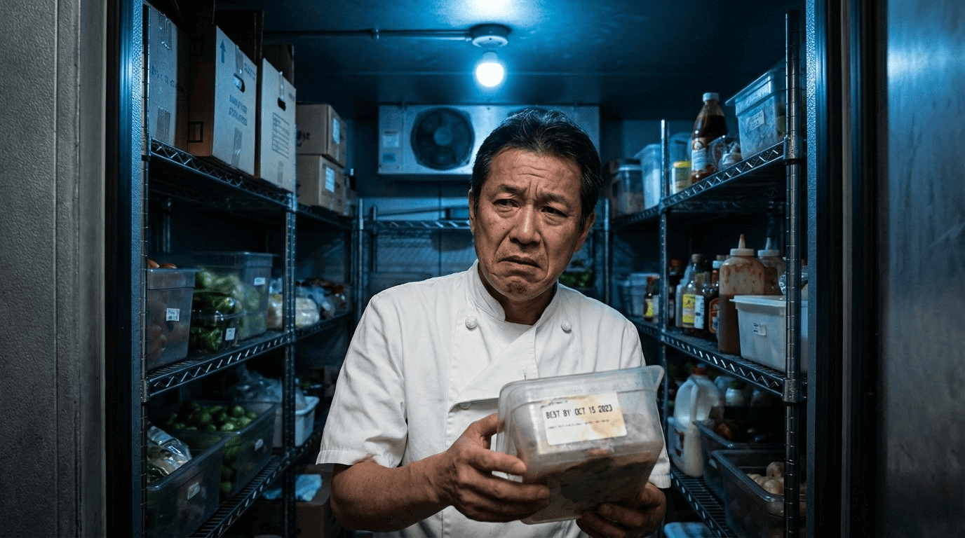 賞味期限切れ食材を発見し困った表情で見つめる日本人飲食店経営者