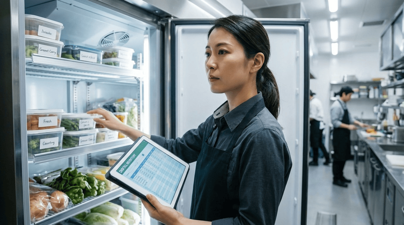 タブレット端末の棚卸表を使って効率的に在庫確認を行う日本人飲食店スタッフ