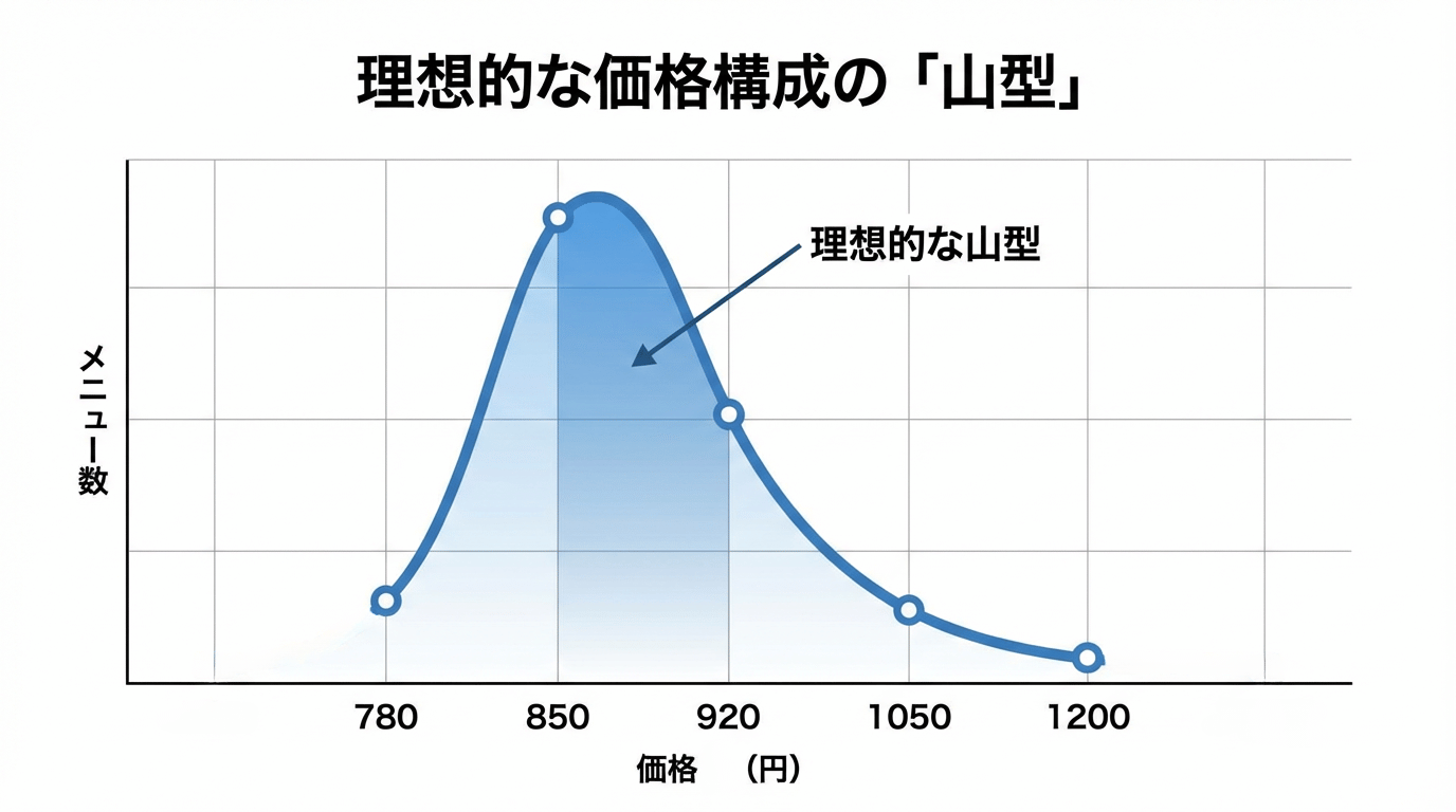 飲食店の理想的な価格構成を示す山型グラフ - メニュー数と価格帯の分布