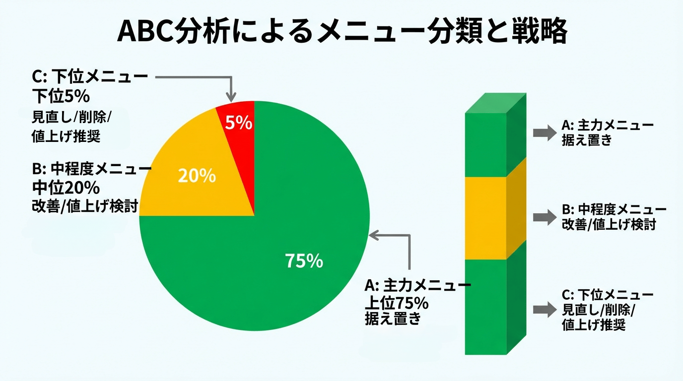 飲食店メニューのABC分析による分類図 - A・B・Cランク別の粗利益貢献度