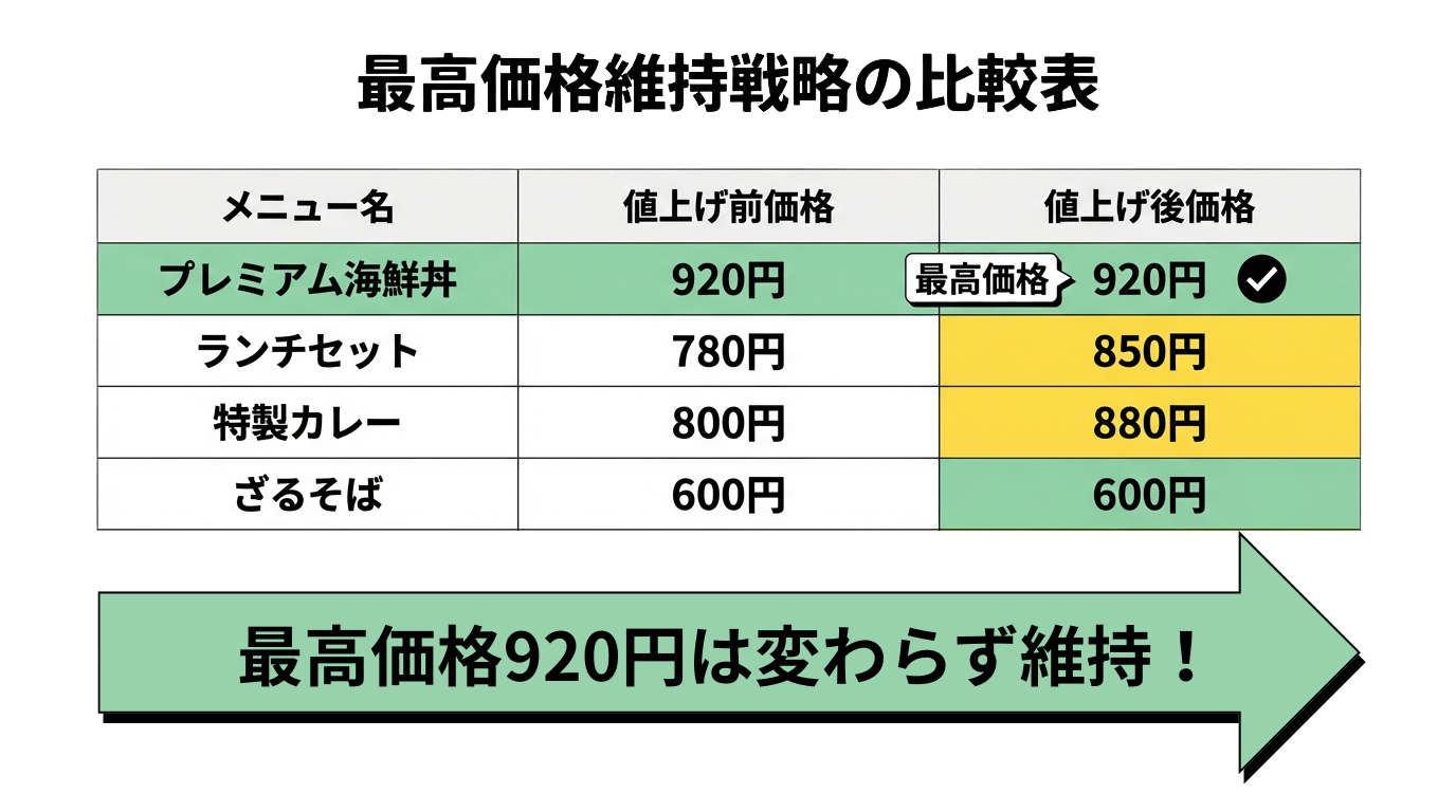 飲食店メニューの値上げ前後比較表 - 最高価格920円を維持する戦略