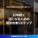 飲食店の前に立つ30-40代の日本人経営者夫婦（カジュアルな作業着姿）