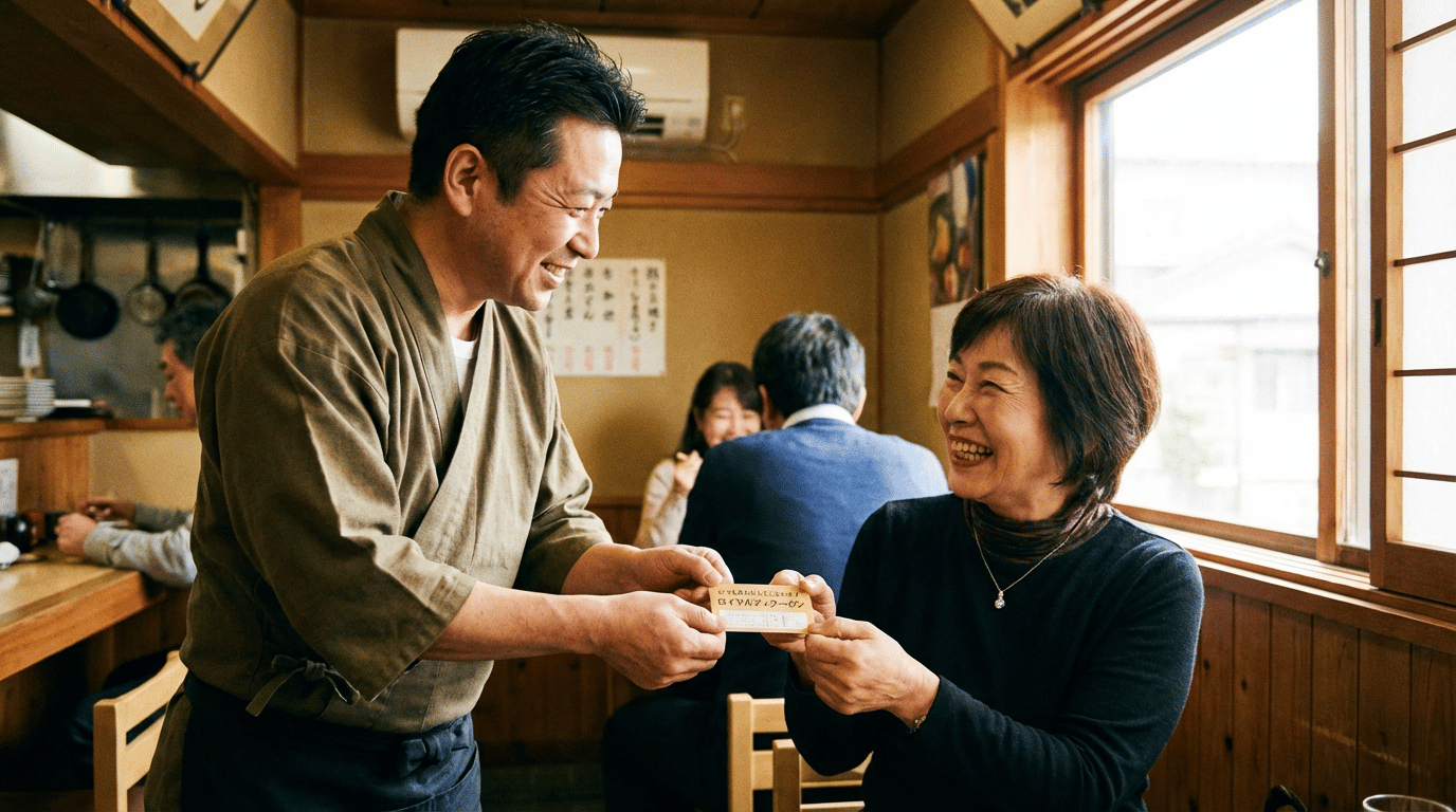 値上げ後の常連客ケア｜感謝を込めたロイヤルティクーポンを手渡す店主