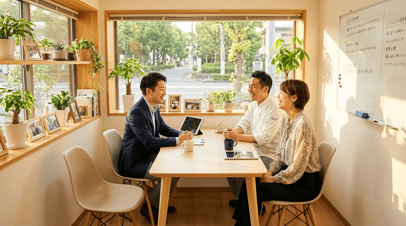 名古屋の飲食店経営者とコンサルタントが在庫管理について和やかに相談している様子
