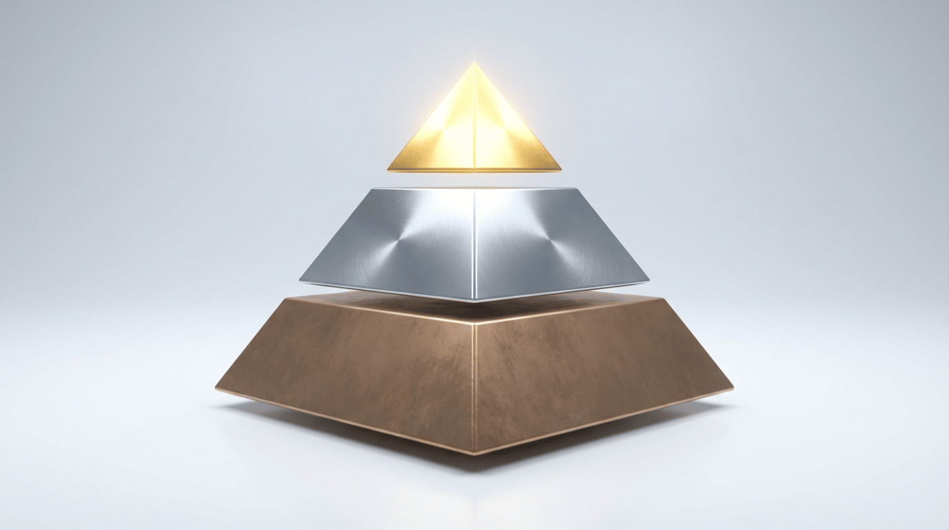 金色、銀色、銅色の3段階ピラミッド構造。最上段が小さく輝き、下段ほど大きく暗い。ABC分析のランク付けを視覚的に表現