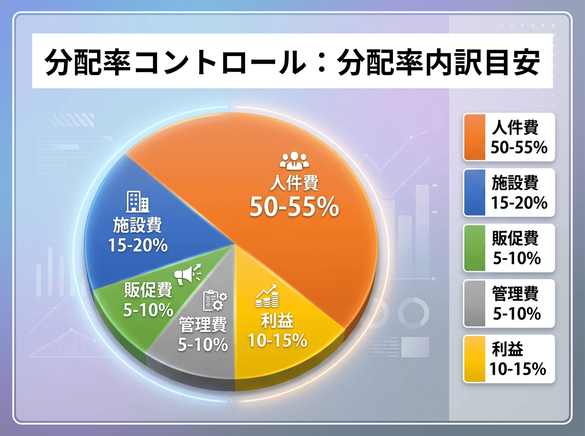 分配率コントロールの概念図。粗利益を労働・設備・販促・管理・利潤に分配する円グラフ