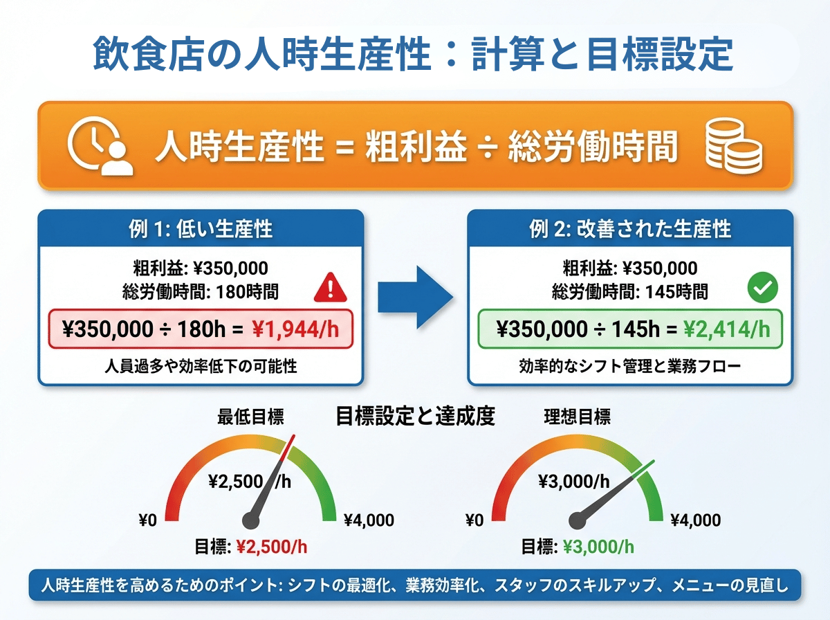 人時生産性の計算式。粗利益÷総労働時間で算出し、目標値は2,500円/時間以上
