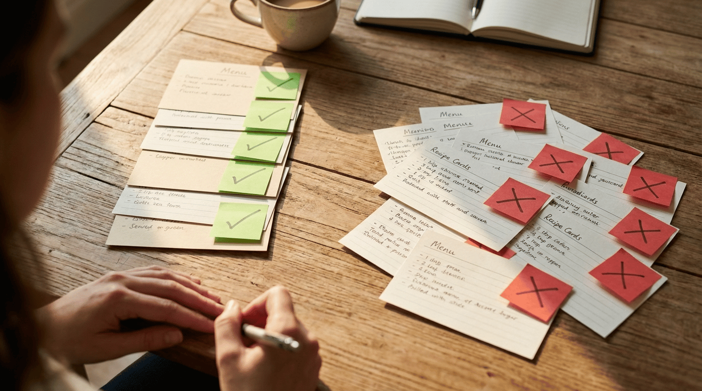 木製テーブル上のメニューカードが2つのグループに分けられている。左側に緑のチェックマーク付き付箋、右側に赤のバツマーク付き付箋