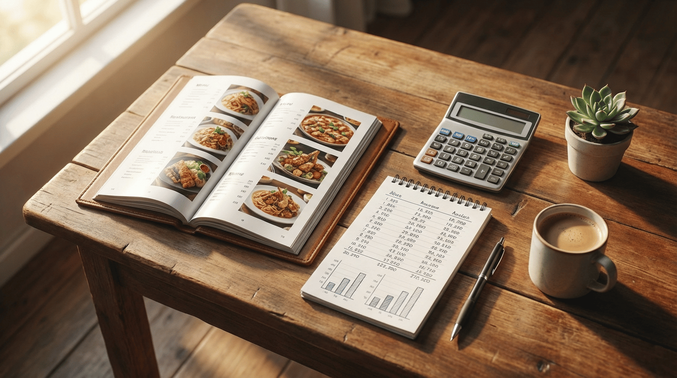 木製テーブルの上に広げられた飲食店のメニューブック、電卓、ノート、ペン。利益計算と分析を行うビジネスシーン