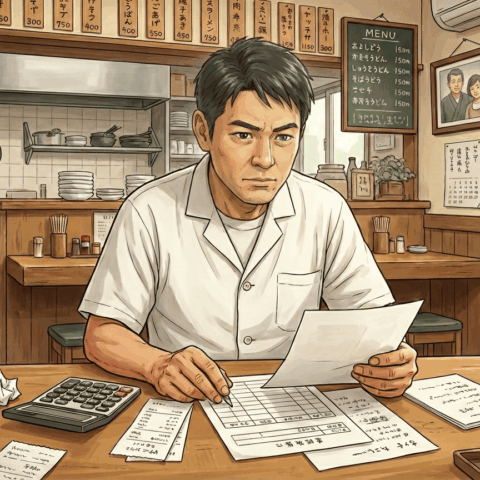 名古屋の飲食店経営者が店舗経営の課題解決のため経営診断シートを検討している様子